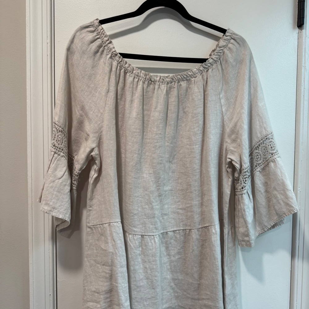 Terzo Millennio Italy Linen Tiered Mini Dress XL Beige Crochet Lace Bell Sleeve - Picture 3 of 7